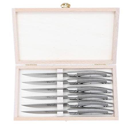 Coffret en bois contenant 6 couteaux avantage avec manche paperstone couleur gris de la coutellerie Goyon-Chazeau