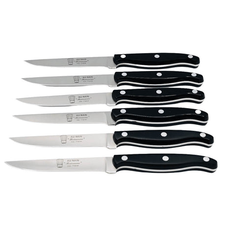 Présentation de 6 couteaux à steak avec manche noir de la collection Bistronome de la coutellerie Au Nain
