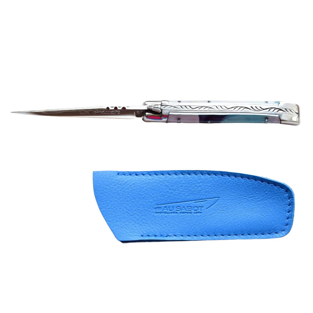 Couteau Pliant Laguiole avec Etui en Cuir Bleu OFFERT présenté de profil - Au Sabot
