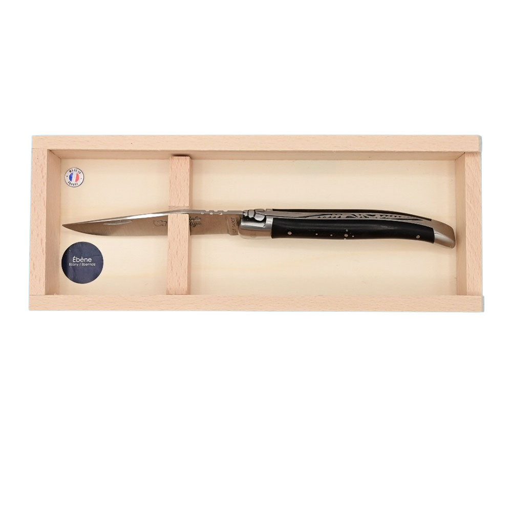 Couteau pliant Laguiole Prestige Manche Ebène présenté dans un coffret plumier en bois - Au Sabot